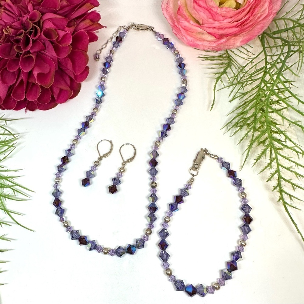 VINTAGE⚜️STERLING SILVER Lavender Crystal Beaded Necklace - Picture 7 of 7
